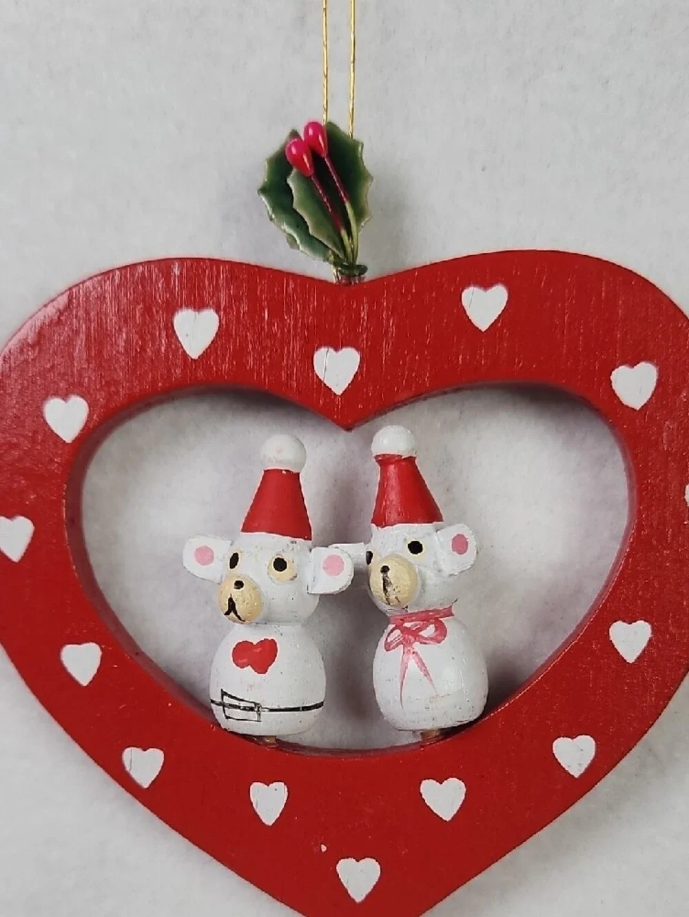 Avon Vintage 1980 Red and White Heart-Shaped Christmas  Ornament with Bear, Hats